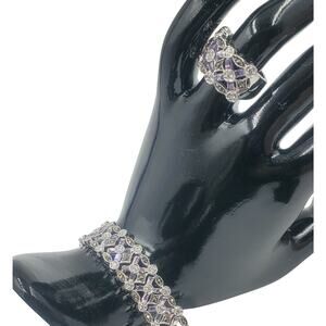 Black and Clear CZ and Simulated-Amethyst Sterling Silver Bracelet & Ring Set